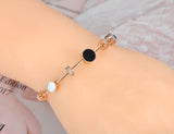 Black/White Shell Charm Bracelet Bangle Stainless Steel CZ Link Chain