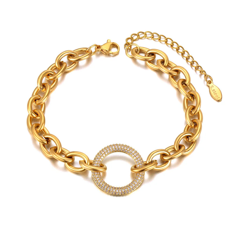 CZ Crystal Geometry Circle Charm Bracelet Titanium Stainless Steel Chain Bohemia