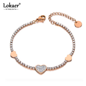 Stainless Steel Rhinestone Heart Charm Bracelet CZ Crystal Link Chain