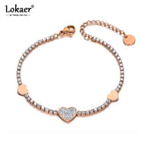 Stainless Steel Rhinestone Heart Charm Bracelet CZ Crystal Link Chain