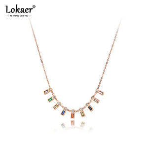 Colorful CZ Charm Pendant Necklace Stainless Steel Bohemia Party Jewelry
