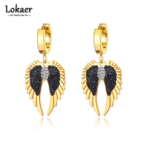 Stainless Steel Rhinestone Angel Wings Heart Earrings