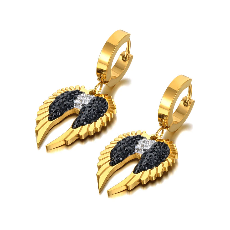 Stainless Steel Rhinestone Angel Wings Heart Earrings
