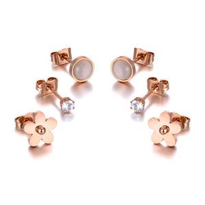 Rhinestone Flower Earrings Set - Titanium Stainless Steel