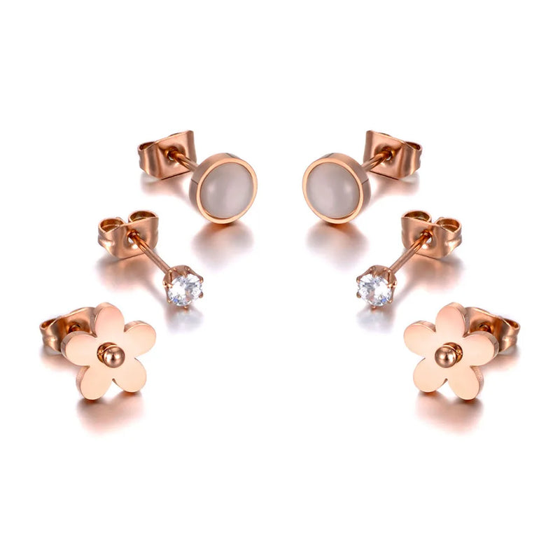 Rhinestone Flower Earrings Set - Titanium Stainless Steel