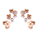 Rhinestone Flower Earrings Set - Titanium Stainless Steel