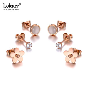 Rhinestone Flower Earrings Set - Titanium Stainless Steel