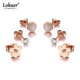 Rhinestone Flower Earrings Set - Titanium Stainless Steel