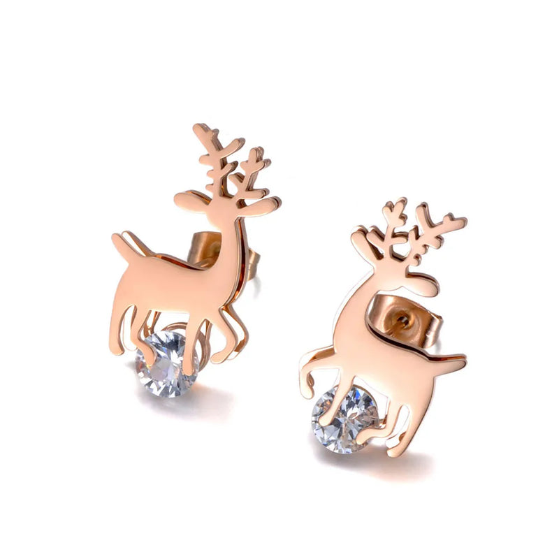 Titanium Stainless Steel Reindeer Earrings with CZ Crystal Studs