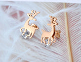 Titanium Stainless Steel Reindeer Earrings with CZ Crystal Studs