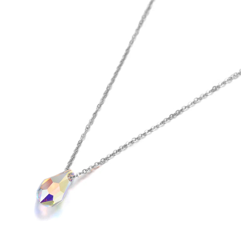 Water Drop CZ Crystals Pendant Necklace Titanium Stainless Steel Chain N19131