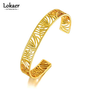 Vintage 18K Plated Leaves Plant Open Bangles For Women