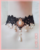 Lolita Everyday Joker Fairy Dark Lace Pearl Necklace Choker