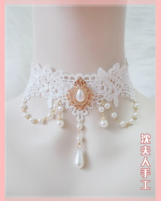 Lolita Everyday Joker Fairy Dark Lace Pearl Necklace Choker