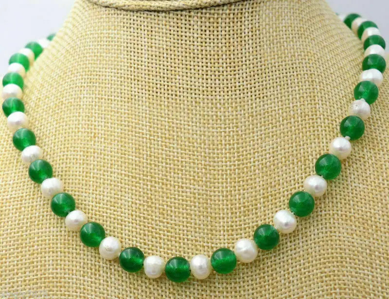 18" Natural Pearl & Green/Red Jade Beads Necklace