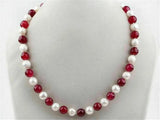 18" Natural Pearl & Green/Red Jade Beads Necklace
