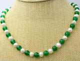 18" Natural Pearl & Green/Red Jade Beads Necklace