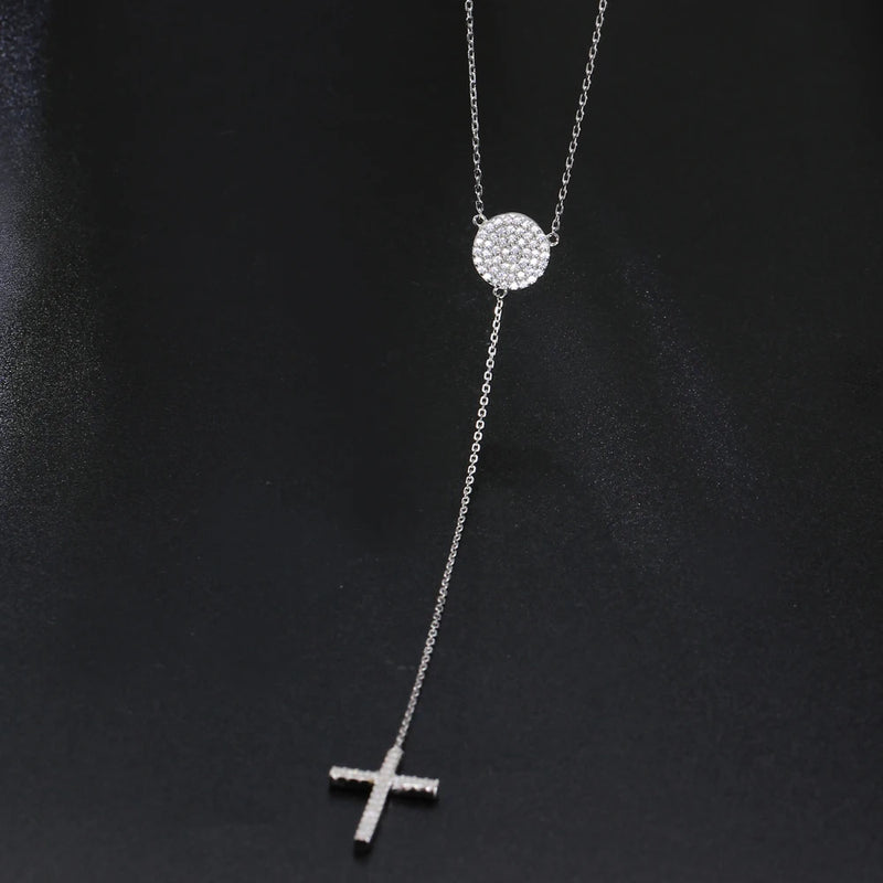 Long Chain Necklace Real Sterling Silver Pendant Clear Zirconia Cross