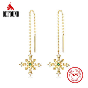 Long Drop Earrings 925 Silver Natural Emerald Plated Ear Piercing Line Women