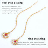 Long Drop Earrings Red Corundum and Pearl Inlay Flower Ear Piercing Line Earring
