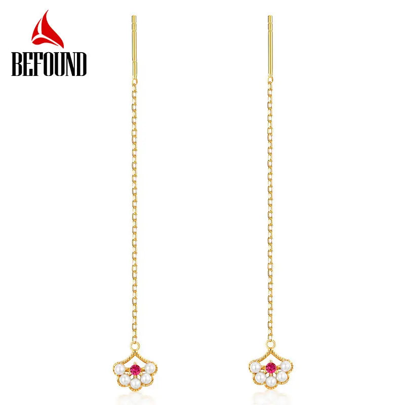 Long Drop Earrings Red Corundum and Pearl Inlay Flower Ear Piercing Line Earring