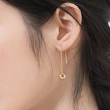 Long Drop Earrings Red Corundum and Pearl Inlay Flower Ear Piercing Line Earring