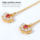 Long Drop Earrings Red Corundum and Pearl Inlay Flower Ear Piercing Line Earring