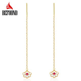 Long Drop Earrings Red Corundum and Pearl Inlay Flower Ear Piercing Line Earring