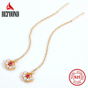 Long Drop Earrings Red Corundum and Pearl Inlay Flower Ear Piercing Line Earring