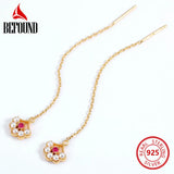 Long Drop Earrings Red Corundum and Pearl Inlay Flower Ear Piercing Line Earring