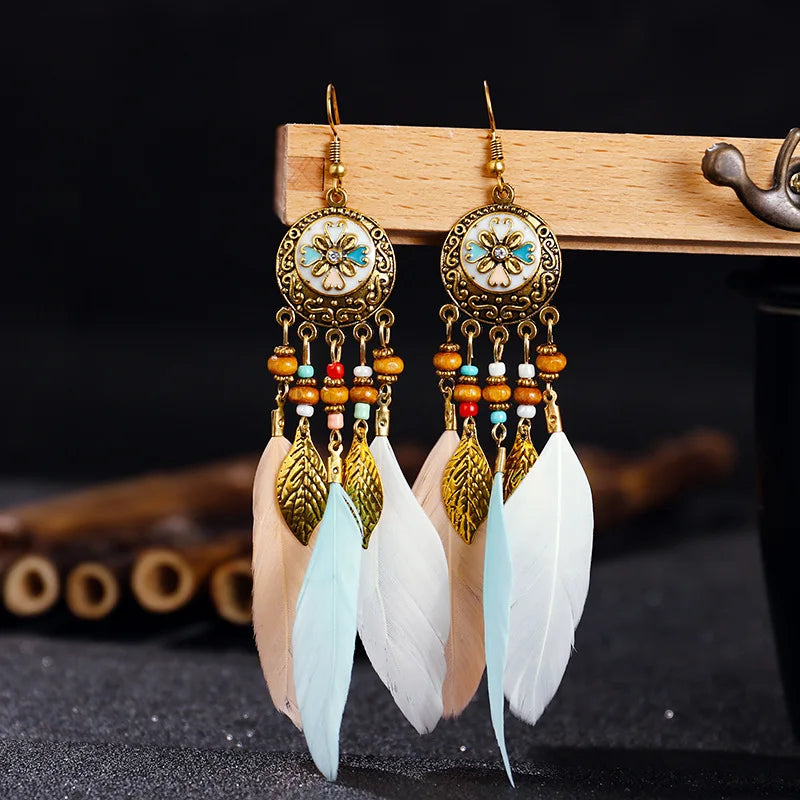 Long Feather Earrings Modern Carved Leaf Tassel Boho Vintage Bohemian Style