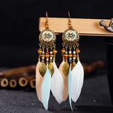 Long Feather Earrings Modern Carved Leaf Tassel Boho Vintage Bohemian Style