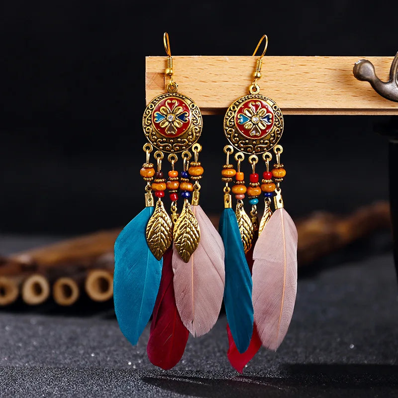 Long Feather Earrings Modern Carved Leaf Tassel Boho Vintage Bohemian Style