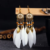 Long Feather Earrings Modern Carved Leaf Tassel Boho Vintage Bohemian Style