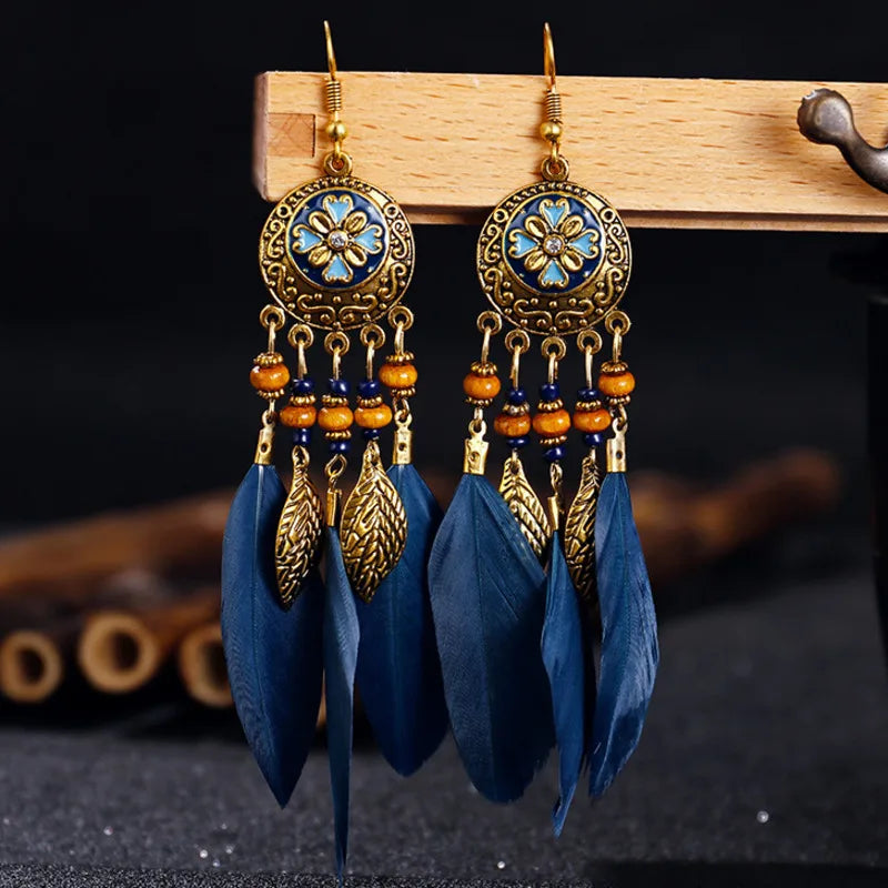 Long Feather Earrings Modern Carved Leaf Tassel Boho Vintage Bohemian Style