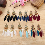 Long Feather Earrings Modern Carved Leaf Tassel Boho Vintage Bohemian Style