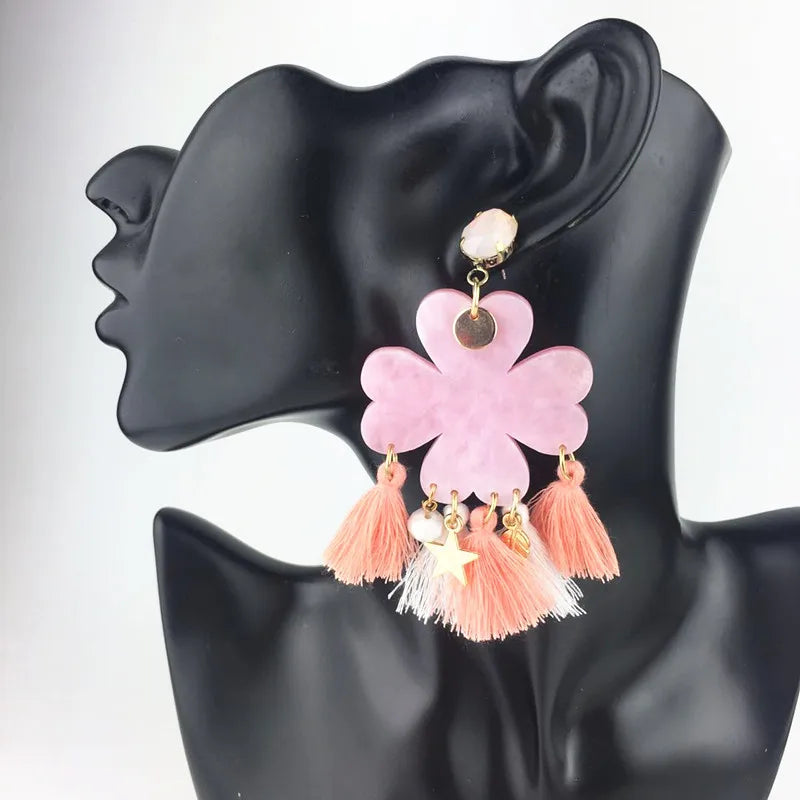Korea Acrylic Flower Earrings Colorful Tassel Fringe Dangle Earrings