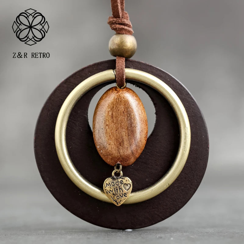 Long Wooden Chain Necklace Vintage Bohemian Suspension Jewelry