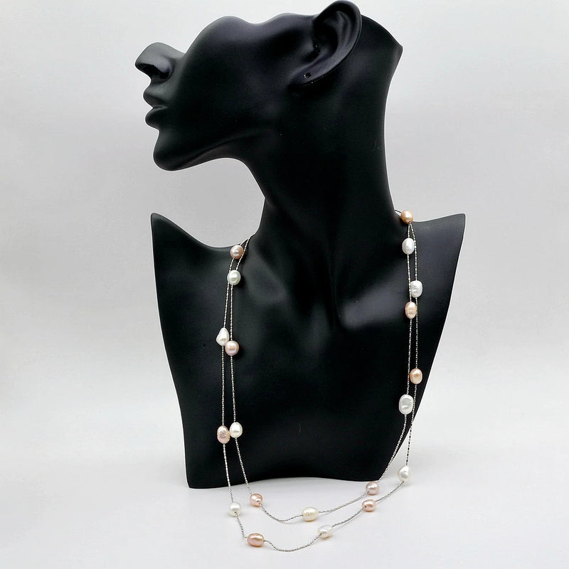 Baroque Pearl Long Necklace Multicolor Natural Freshwater Pearl Silver Necklace