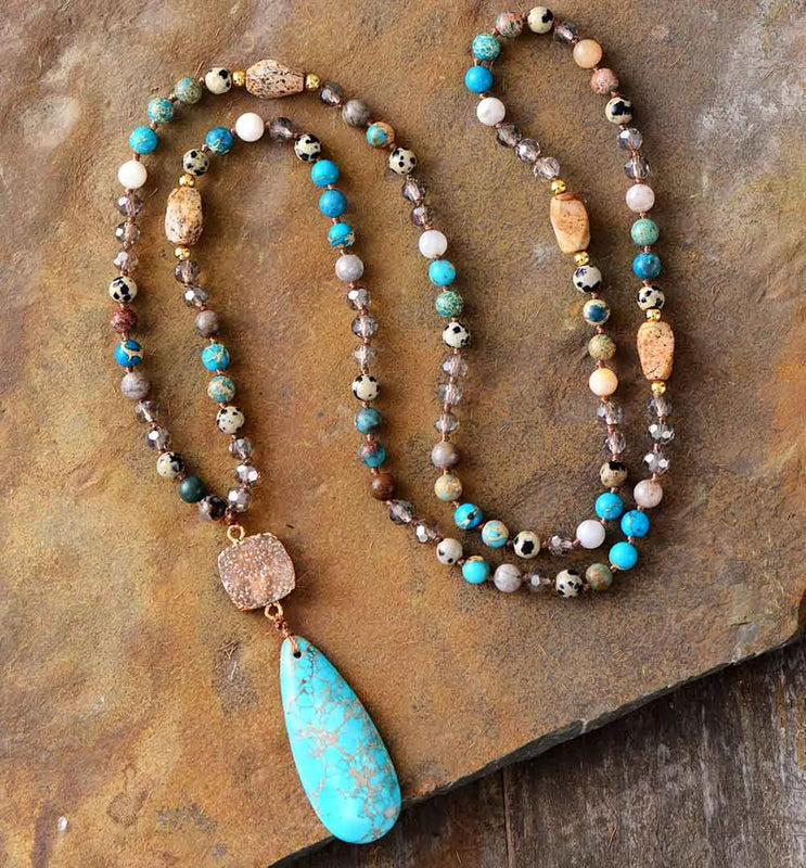 Long Necklace Natural Stones Crystals Druzy Teardrop Pendant Necklace