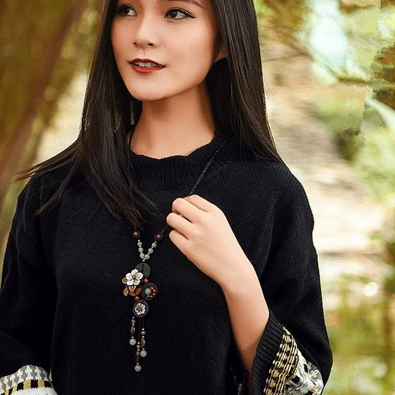 Long Necklace Shell Flower Stone Women Statement Necklace
