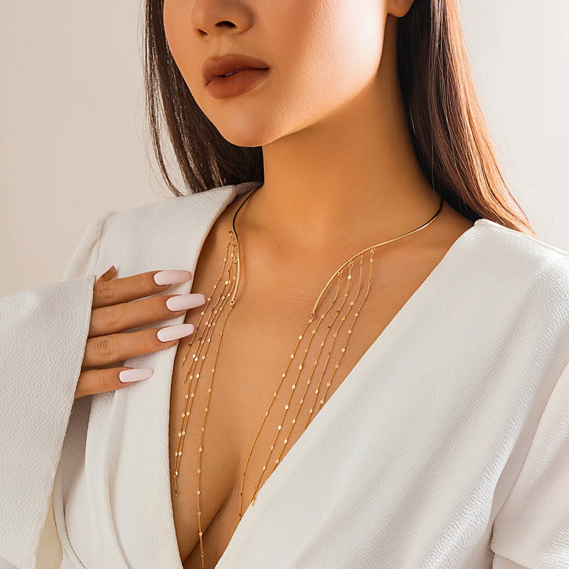 Long Round Sheet Tassel Chains Necklace for Women