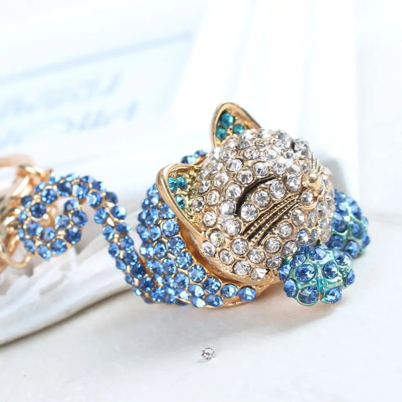 Long Tail Sit Cat Crystal Charm Pendant Purse Bag Key Ring Chain