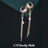 Long Tassel Dangle Drop Earrings 925 Silver Crystal Pearl Chain Wedding Jewelry