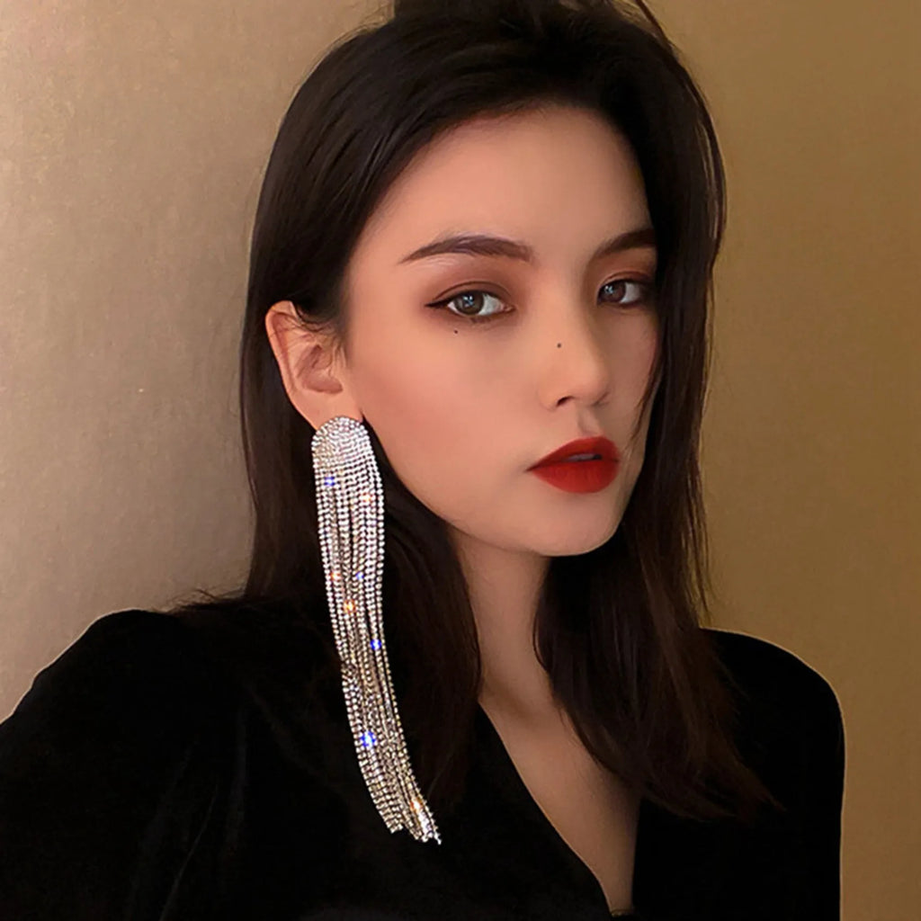 Long Tassel Rhinestone Drop Earrings Silver
