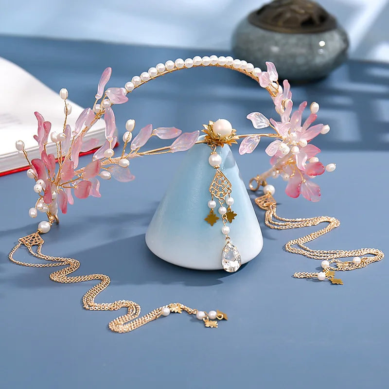 Tassel Headbands Simulated Pearl Leaf Tiara Hairband