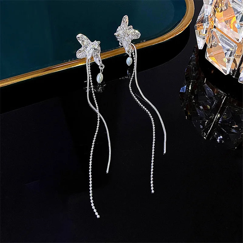 Long Tassel Pearl Ear Clip Earrings Silver Non Pierced Cuff Jewelry