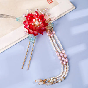 Chinese Red Flower Hairpins Clips Retro Hair Sticks Forks