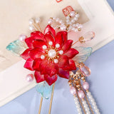 Chinese Red Flower Hairpins Clips Retro Hair Sticks Forks
