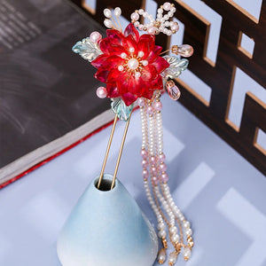 Chinese Red Flower Hairpins Clips Retro Hair Sticks Forks